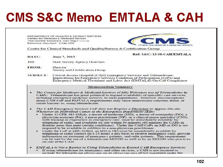 CMS S&C Memo EMTALA & CAH 102 