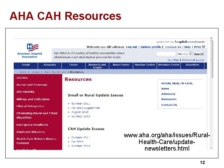 AHA CAH Resources www. aha. org/aha/issues/Rural. Health-Care/updatenewsletters. html 12 