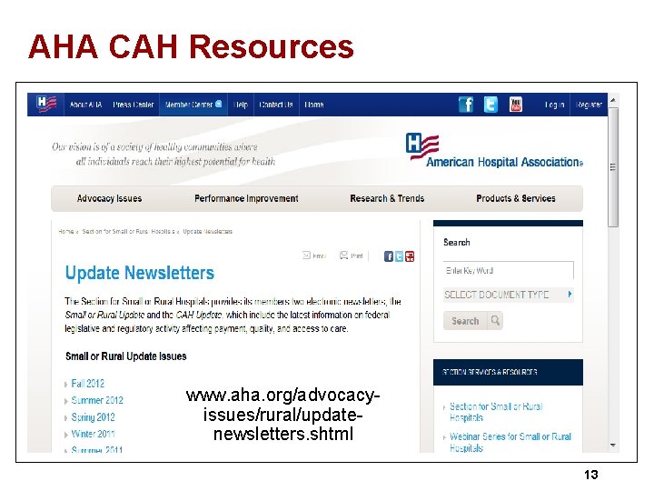 AHA CAH Resources www. aha. org/advocacyissues/rural/updatenewsletters. shtml 13 
