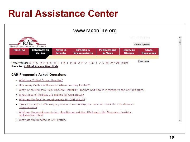 Rural Assistance Center www. raconline. org 16 
