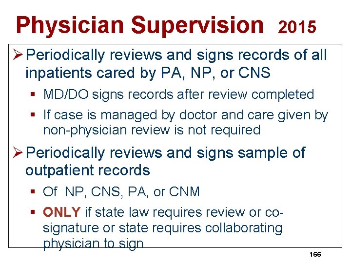 Physician Supervision 2015 Ø Periodically reviews and signs records of all inpatients cared by