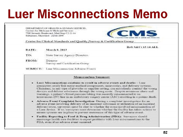 Luer Misconnections Memo 52 