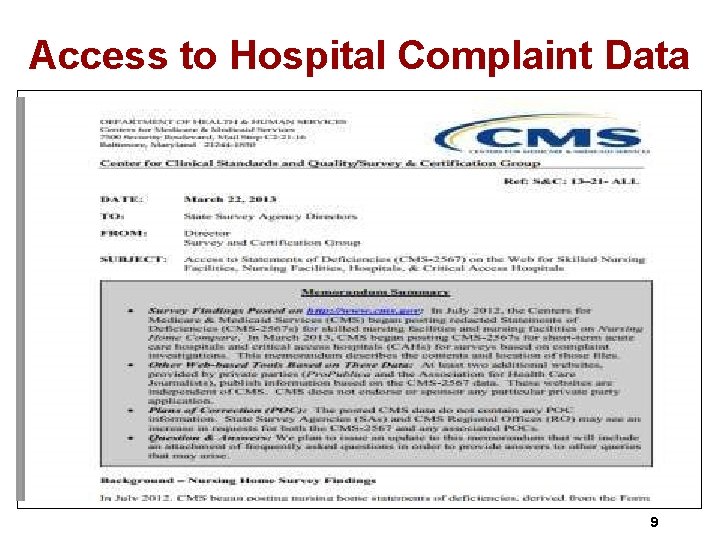 Access to Hospital Complaint Data 9 