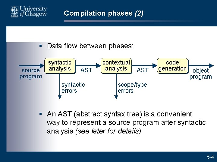 Compilation phases (2) § Data flow between phases: source program syntactic analysis AST syntactic