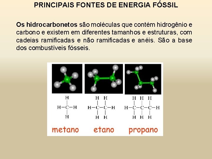 PRINCIPAIS FONTES DE ENERGIA FÓSSIL Os hidrocarbonetos são moléculas que contém hidrogênio e carbono