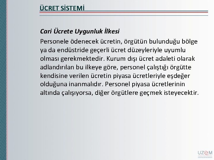 ÜCRET SİSTEMİ Cari Ücrete Uygunluk İlkesi Personele ödenecek ücretin, örgütün bulunduğu bölge ya da