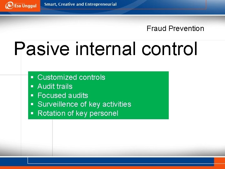 Fraud Prevention Pasive internal control § § § Customized controls Audit trails Focused audits