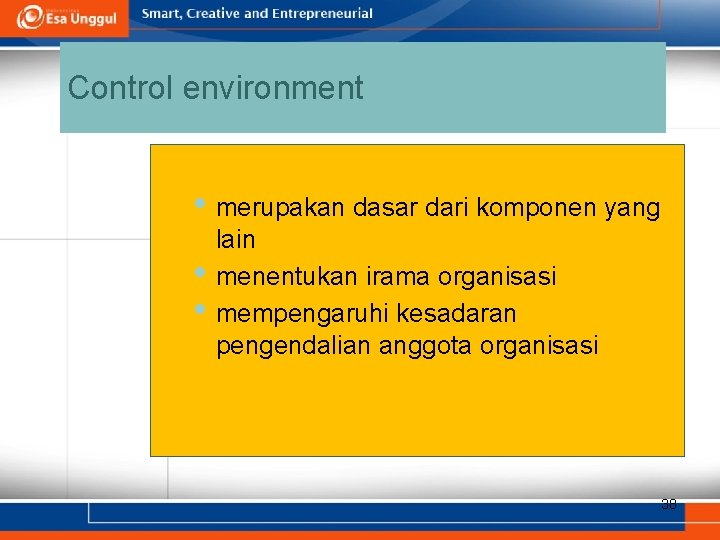 Control environment • merupakan dasar dari komponen yang • • lain menentukan irama organisasi