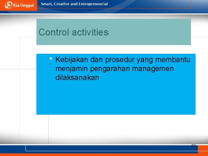 Control activities • Kebijakan dan prosedur yang membantu menjamin pengarahan managemen dilaksanakan 42 