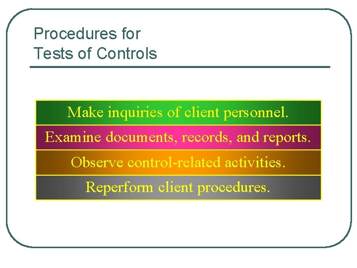 Procedures for Tests of Controls Make inquiries of client personnel. Examine documents, records, and