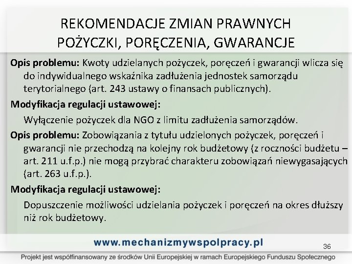 REKOMENDACJE ZMIAN PRAWNYCH POŻYCZKI, PORĘCZENIA, GWARANCJE Opis problemu: Kwoty udzielanych pożyczek, poręczeń i gwarancji