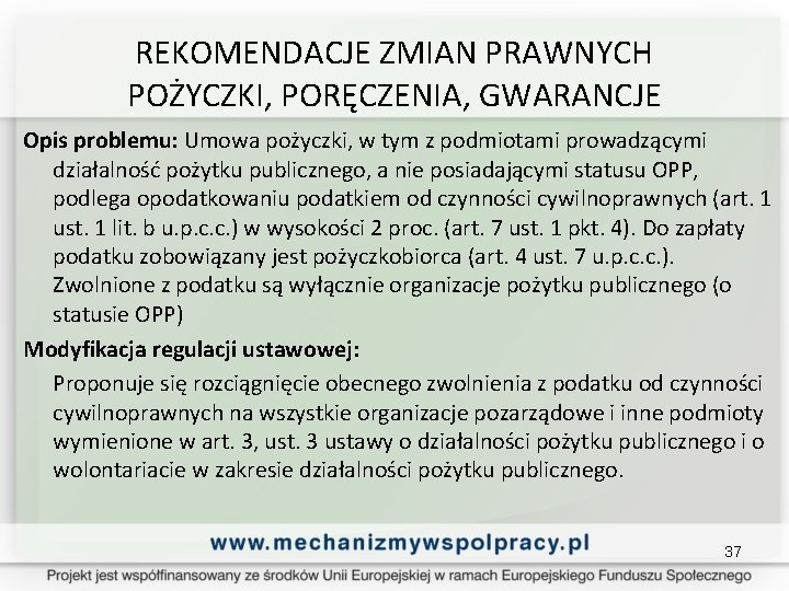 REKOMENDACJE ZMIAN PRAWNYCH POŻYCZKI, PORĘCZENIA, GWARANCJE Opis problemu: Umowa pożyczki, w tym z podmiotami
