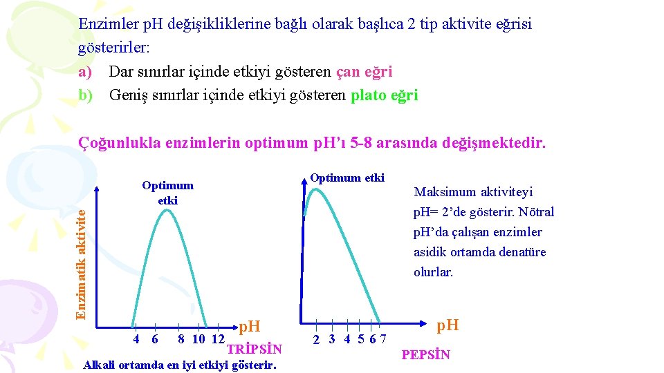 Enzimler p. H değişikliklerine bağlı olarak başlıca 2 tip aktivite eğrisi gösterirler: a) Dar