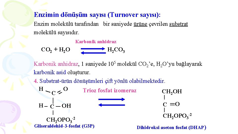 Enzimin dönüşüm sayısı (Turnover sayısı): Enzim molekülü tarafından bir saniyede ürüne çevrilen substrat molekülü