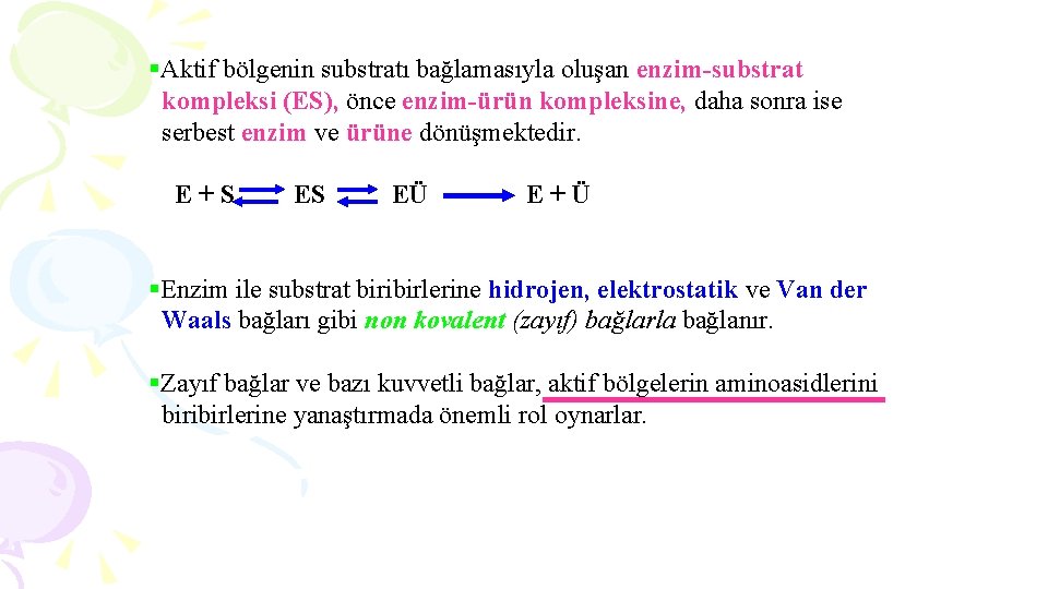 §Aktif bölgenin substratı bağlamasıyla oluşan enzim-substrat kompleksi (ES), önce enzim-ürün kompleksine, daha sonra ise