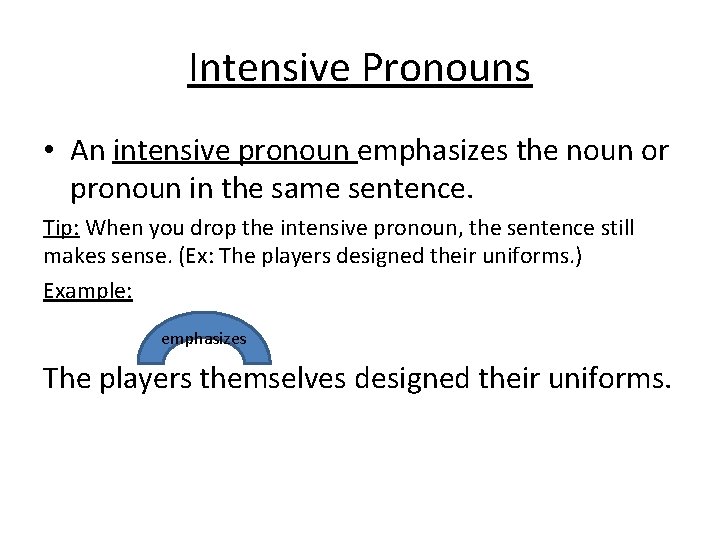 Intensive Pronouns • An intensive pronoun emphasizes the noun or pronoun in the same