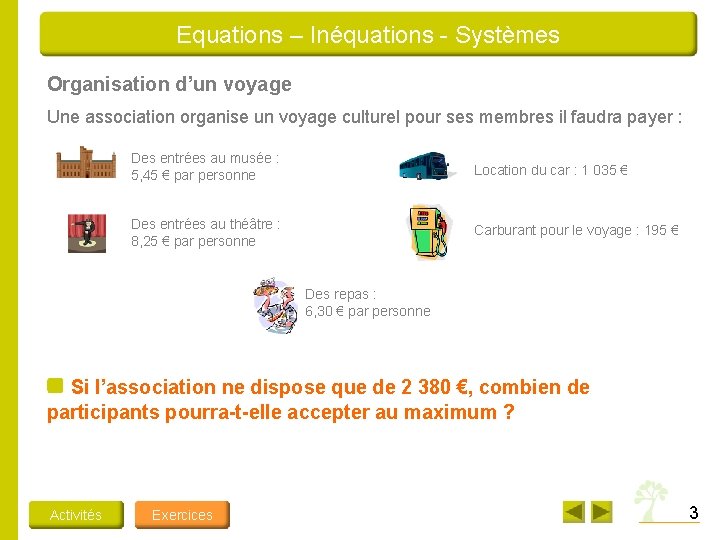 Equations – Inéquations - Systèmes Organisation d’un voyage Une association organise un voyage culturel Equations – Inéquations - Systèmes Organisation d’un voyage Une association organise un voyage culturel