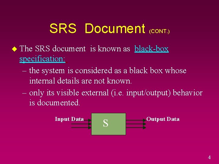 SRS Document (CONT. ) u The SRS document is known as black-box specification: –