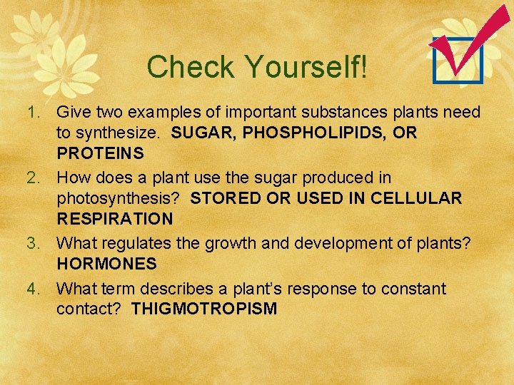 Check Yourself! 1. Give two examples of important substances plants need to synthesize. SUGAR,