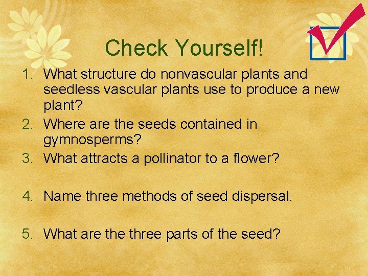Check Yourself! 1. What structure do nonvascular plants and seedless vascular plants use to