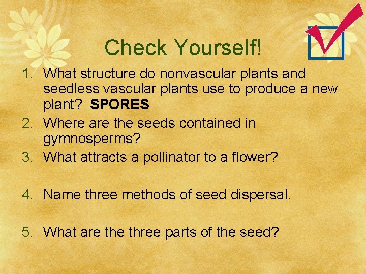 Check Yourself! 1. What structure do nonvascular plants and seedless vascular plants use to