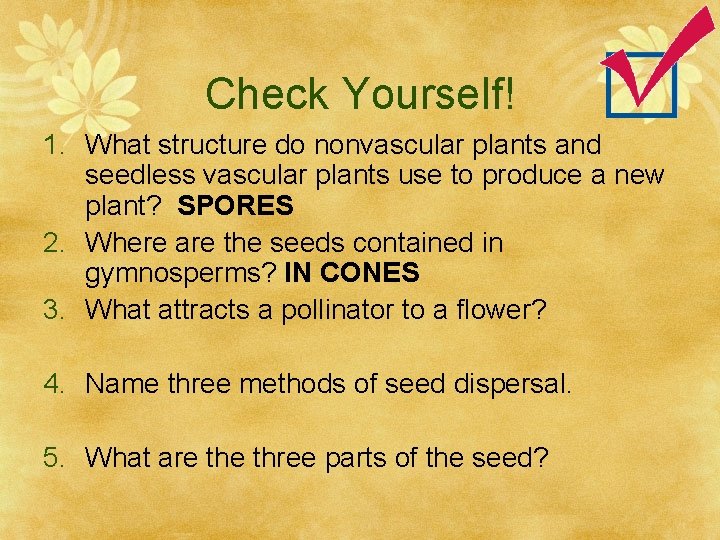 Check Yourself! 1. What structure do nonvascular plants and seedless vascular plants use to