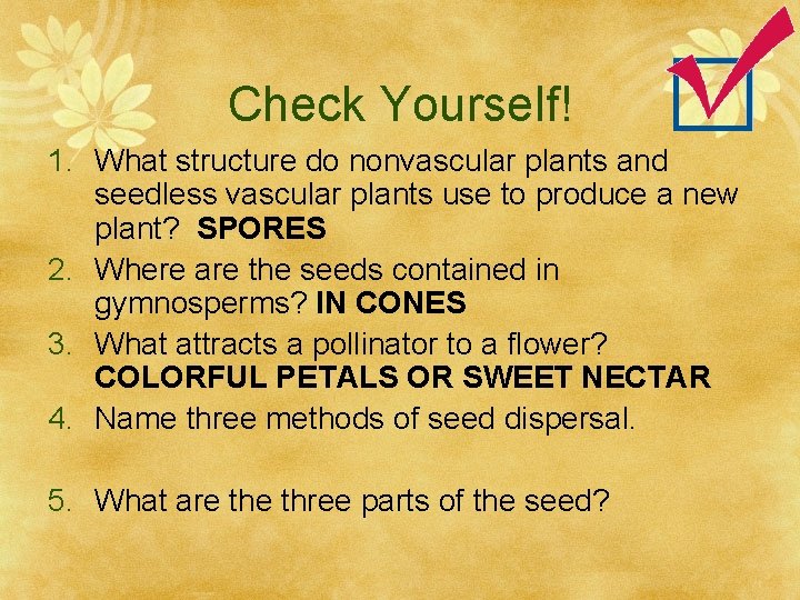 Check Yourself! 1. What structure do nonvascular plants and seedless vascular plants use to