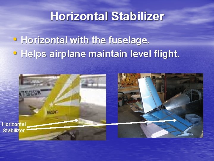 Horizontal Stabilizer • Horizontal with the fuselage. • Helps airplane maintain level flight. Horizontal