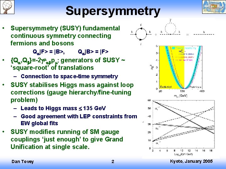 Supersymmetry • Supersymmetry (SUSY) fundamental continuous symmetry connecting fermions and bosons Qa|F> = |B>,