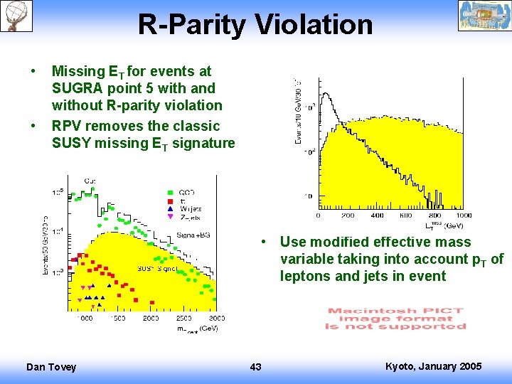 R-Parity Violation • • Missing ET for events at SUGRA point 5 with and