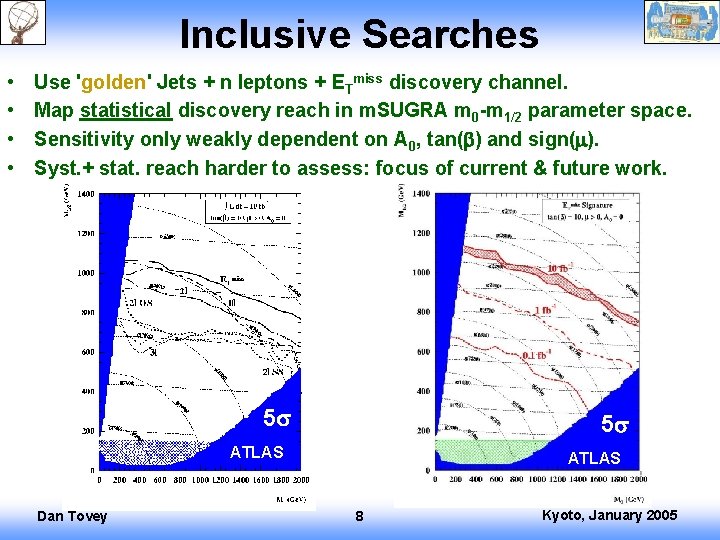 Inclusive Searches • • Use 'golden' Jets + n leptons + ETmiss discovery channel.