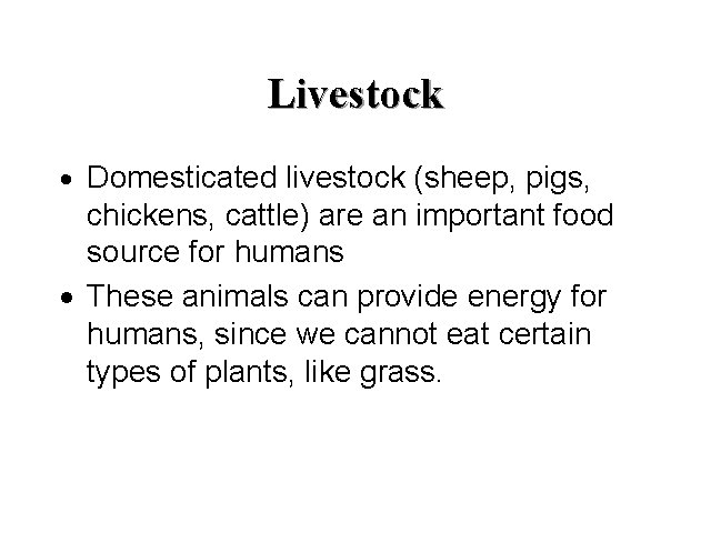 Livestock · Domesticated livestock (sheep, pigs, chickens, cattle) are an important food source for