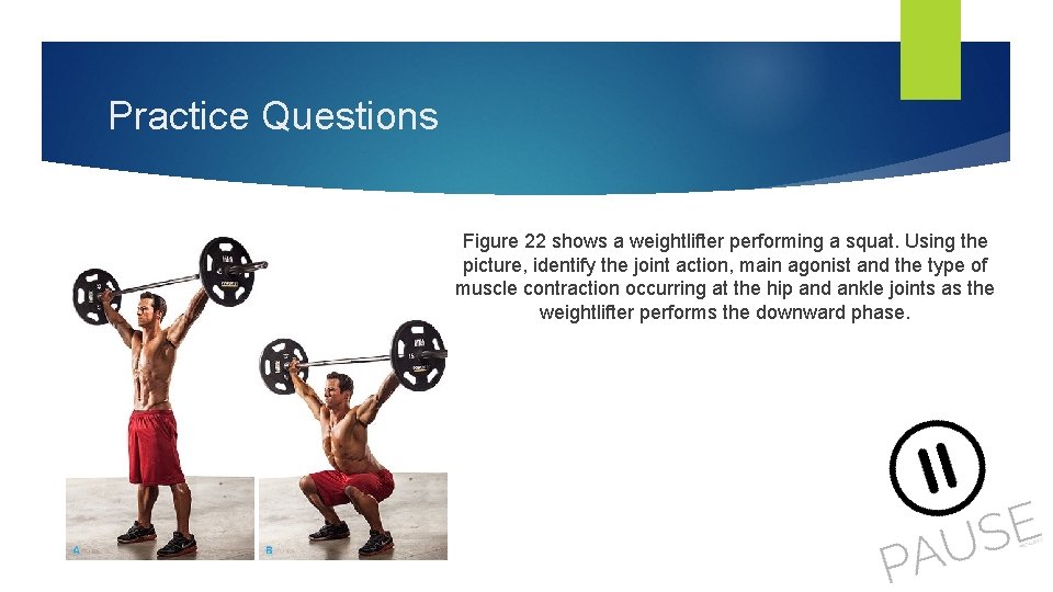 Practice Questions Figure 22 shows a weightlifter performing a squat. Using the picture, identify
