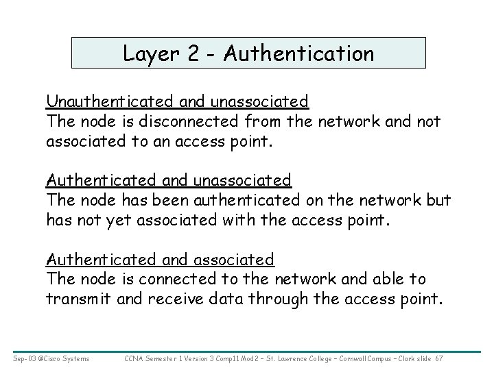 Layer 2 - Authentication Unauthenticated and unassociated The node is disconnected from the network