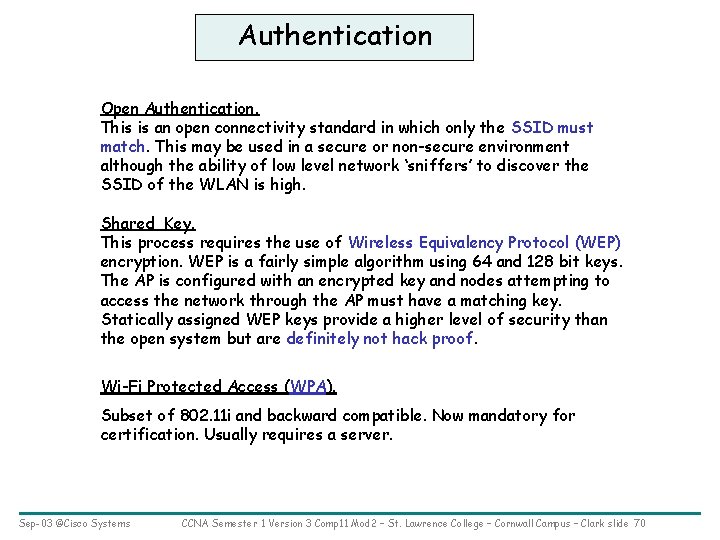 Authentication Open Authentication. This is an open connectivity standard in which only the SSID