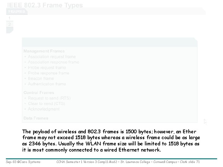 The payload of wireless and 802. 3 frames is 1500 bytes; however, an Ether
