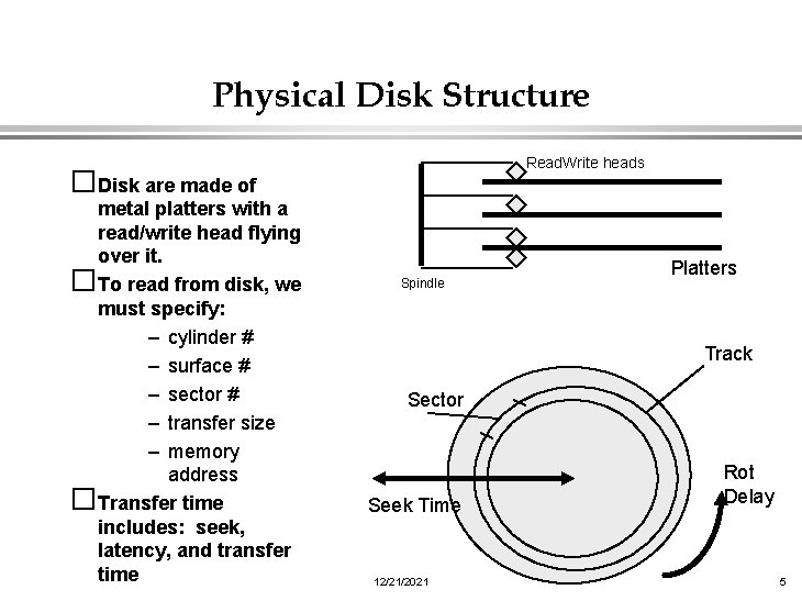 Physical Disk Structure Read. Write heads �Disk are made of metal platters with a