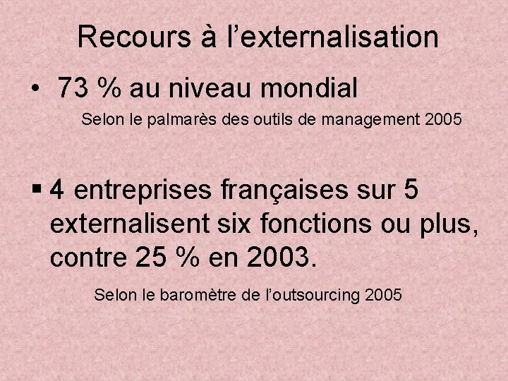 Recours à l’externalisation • 73 % au niveau mondial Selon le palmarès des outils