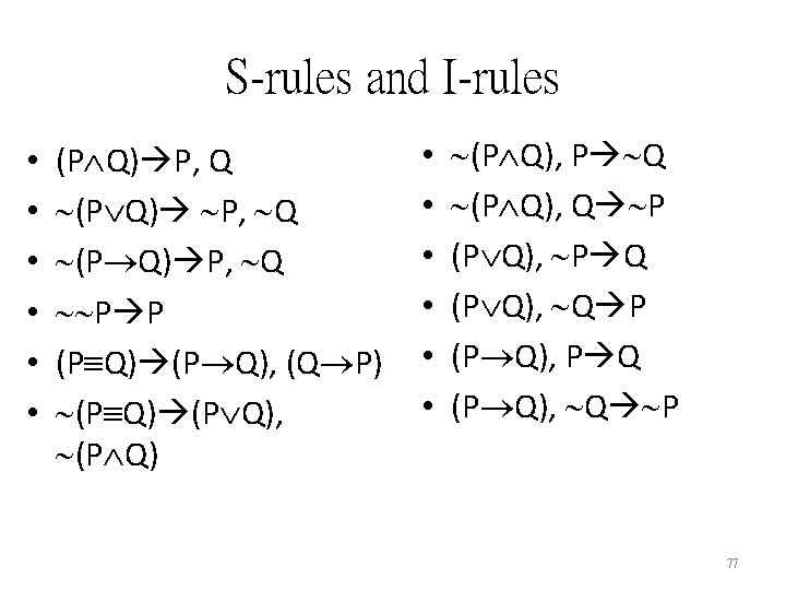 S-rules and I-rules • • • (P Q) P, Q (P Q) P, Q