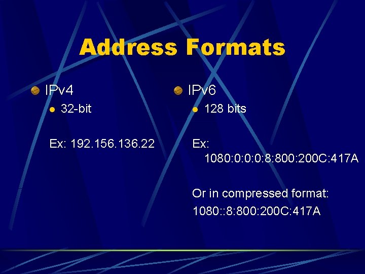 Address Formats IPv 4 l 32 -bit Ex: 192. 156. 136. 22 IPv 6