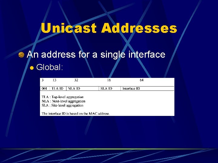 Unicast Addresses An address for a single interface l Global: 