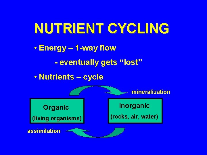 NUTRIENT CYCLING • Energy – 1 -way flow - eventually gets “lost” • Nutrients