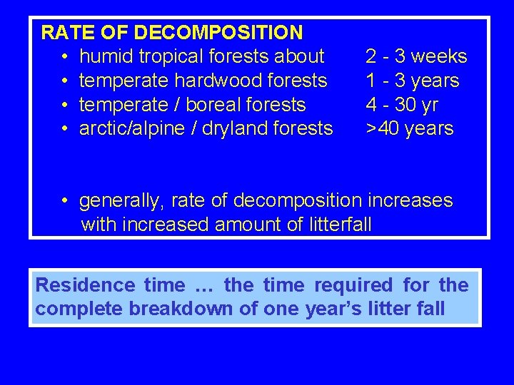 RATE OF DECOMPOSITION • humid tropical forests about • temperate hardwood forests • temperate