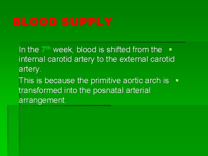 BLOOD SUPPLY In the 7 th week, blood is shifted from the § internal
