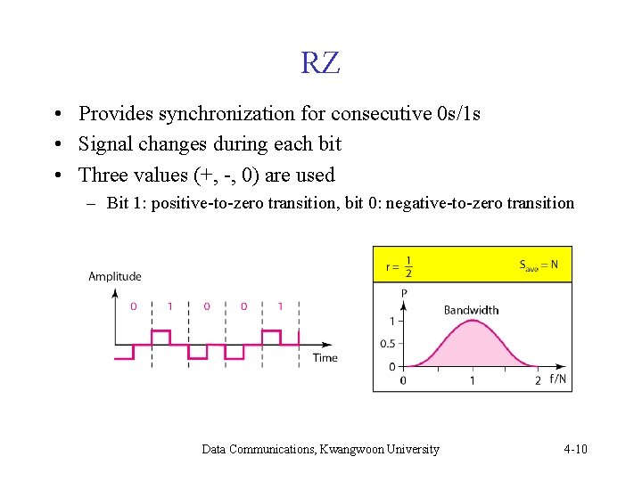 RZ • Provides synchronization for consecutive 0 s/1 s • Signal changes during each RZ • Provides synchronization for consecutive 0 s/1 s • Signal changes during each