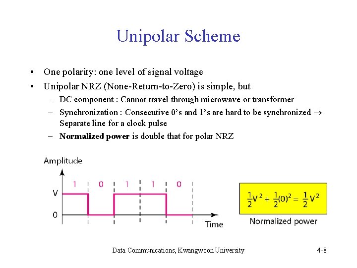 Unipolar Scheme • One polarity: one level of signal voltage • Unipolar NRZ (None-Return-to-Zero) Unipolar Scheme • One polarity: one level of signal voltage • Unipolar NRZ (None-Return-to-Zero)
