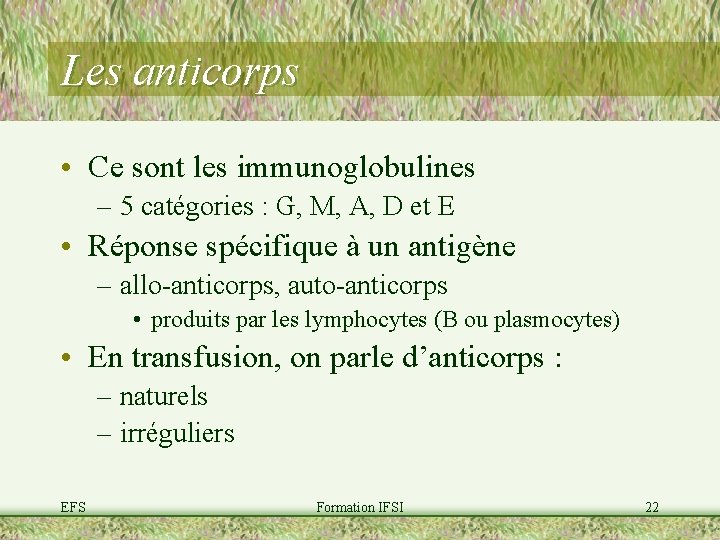 Les anticorps • Ce sont les immunoglobulines – 5 catégories : G, M, A,