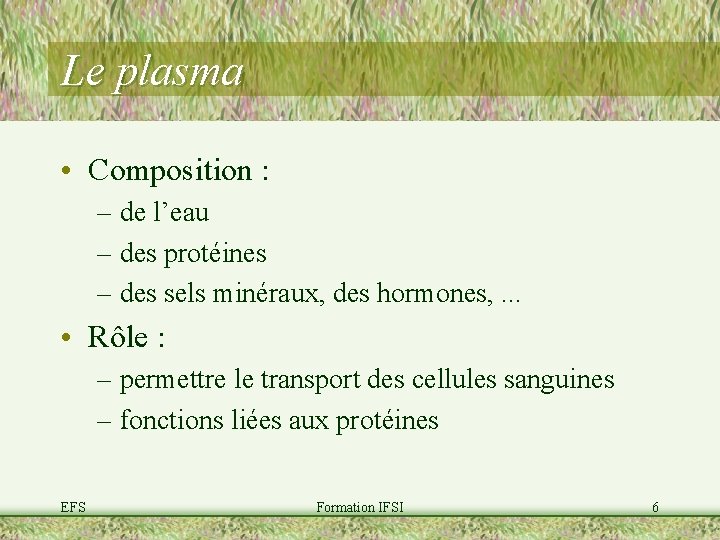 Le plasma • Composition : – de l’eau – des protéines – des sels