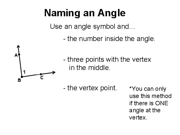 Naming an Angle Use an angle symbol and… - the number inside the angle. Naming an Angle Use an angle symbol and… - the number inside the angle.