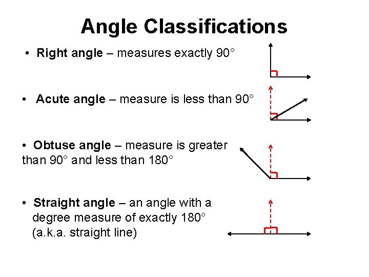 Angle Classifications • Right angle – measures exactly 90° • Acute angle – measure Angle Classifications • Right angle – measures exactly 90° • Acute angle – measure